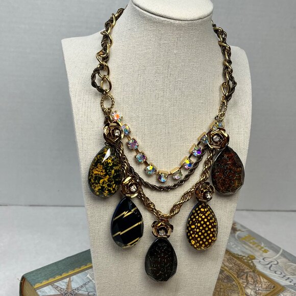 Betsey Johnson Gold-Tone Layered Necklace With Rose Accents Rhinestones - Picture 1 of 4